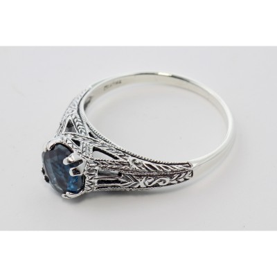 Antique Style London Blue Topaz Filigree Ring Sterling Silver - FR-701-LBT