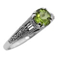 Antique Style Green Peridot Filigree Solitaire Ring - Sterling Silver