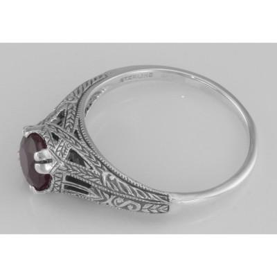 Antique Style Lab Red Ruby Filigree Solitaire Ring - Sterling Silver - FR-701-R