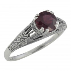 Antique Style Lab Red Ruby Filigree Solitaire Ring - Sterling Silver