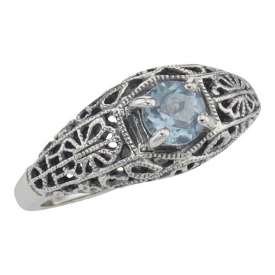 Blue Topaz Fine Filigree Ring - Art Deco Style - Sterling Silver - FR-709-BT