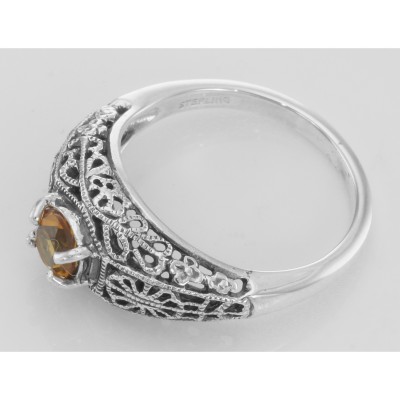 Natural Golden Citrine Filigree Ring - Art Deco Style - Sterling Silver - FR-709-C