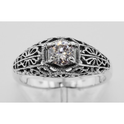 Cubic Zirconia Filigree Ring - Sterling Silver - FR-709-CZ