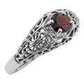 Victorian Style Red Garnet Filigree Ring - Sterling Silver
