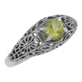 Natural Peridot Fine Filigree Ring - Art Deco Style - Sterling Silver