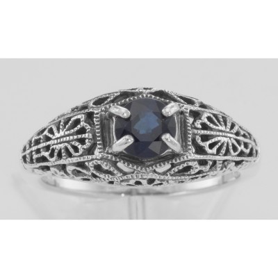 Natural Blue Sapphire Fine Filigree Ring - Art Deco Style - Sterling Silver - FR-709-S