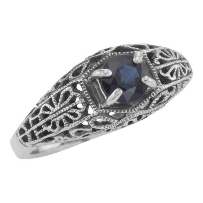 Natural Blue Sapphire Fine Filigree Ring - Art Deco Style - Sterling Silver - FR-709-S