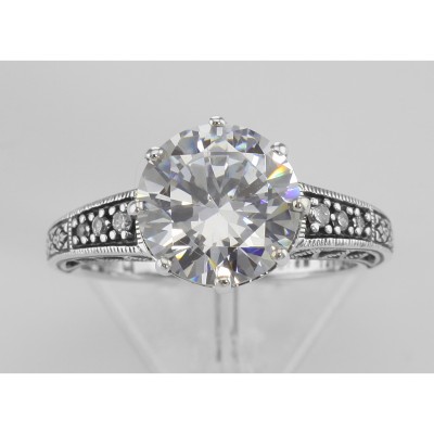 Victorian Style Cubic Zirconia Solitaire Filigree Ring - Sterling Silver - FR-71-CZ