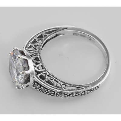 Victorian Style Cubic Zirconia Solitaire Filigree Ring - Sterling Silver - FR-71-CZ