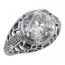 Art Deco Style Sterling Silver Filigree CZ Ring w/ Sapphires