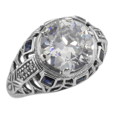 Art Deco Style Sterling Silver Filigree CZ Ring w/ Sapphires - FR-73-CZ