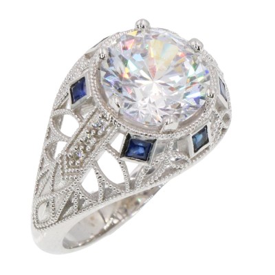 Art Deco Style 14kt White Gold Filigree 10 mm Large CZ Ring w/ Diamond & Sapphires Accents - FR-73-CZ-WG