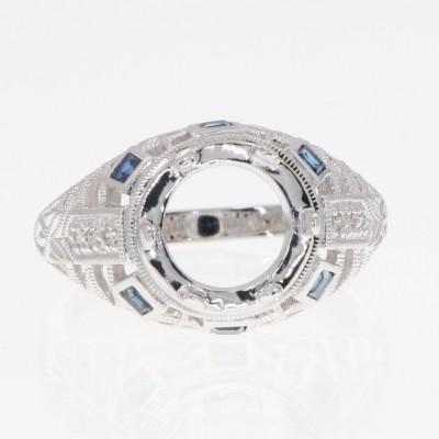 Art Deco Style 14kt White Gold Filigree Semi-Mount Ring w/ Sapphires holds 10mm Round - FR-73-SEMI-WG