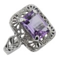 Classic Art Deco Style Amethyst Filigree Ring - Sterling Silver