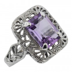 Classic Art Deco Style Amethyst Filigree Ring - Sterling Silver