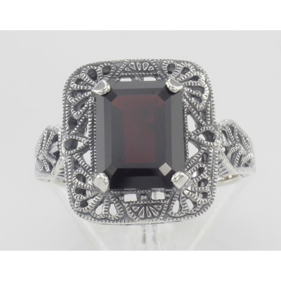 Classic Art Deco Style Red Garnet Filigree Ring - Sterling Silver - FR-736-G