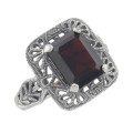 Classic Art Deco Style Red Garnet Filigree Ring - Sterling Silver