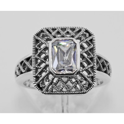 Cubic Zirconia Filigree Ring - Sterling Silver - FR-74-CZ