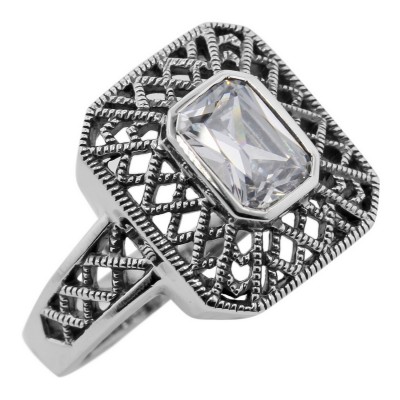 Cubic Zirconia Filigree Ring - Sterling Silver - FR-74-CZ