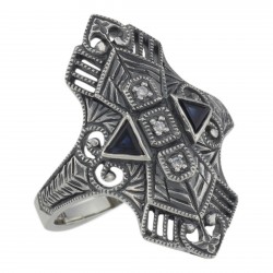 Art Deco Style Filigree Ring w/ Sapphires w/ 3 White Topaz Sterling Silver