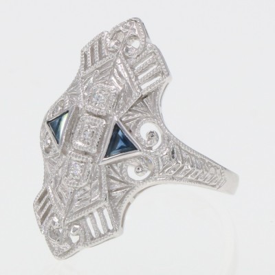 Vintage Inspired Art Deco Style Filigree Ring Diamonds and Blue Sapphires 14kt White Gold - FR-743-WG