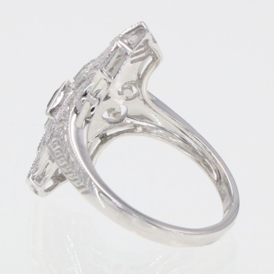 Vintage Inspired Art Deco Style Filigree Ring Diamonds and Blue Sapphires 14kt White Gold - FR-743-WG