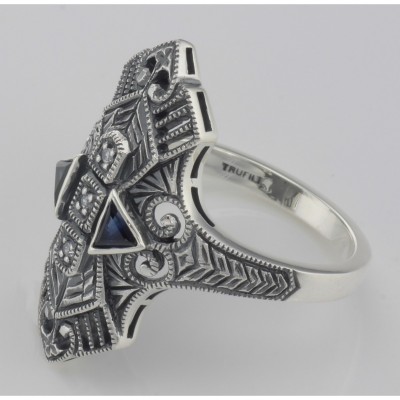 Art Deco Style Filigree Ring w/ Sapphires / 3 CZs - Sterling Silver - FR-743