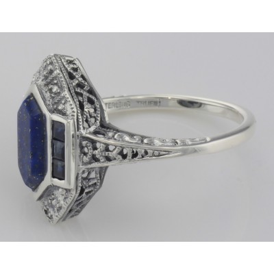 Art Deco Style Lapis Sapphire and Diamond Filigree Ring - Sterling Silver - FR-744-L-S