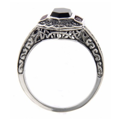 Art Deco Style Black Onyx - Ruby and Diamond Filigree Ring - Sterling Silver - FR-744-O-R