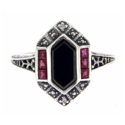 Art Deco Style Black Onyx - Ruby and Diamond Filigree Ring - Sterling Silver - FR-744-O-R