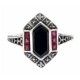 Art Deco Style Black Onyx - Ruby and Diamond Filigree Ring - Sterling Silver - FR-744-O-R