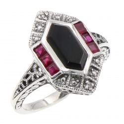 Art Deco Style Black Onyx - Ruby and Diamond Filigree Ring Sterling Silver