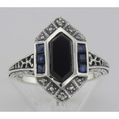 Art Deco Style Black Onyx Sapphire and Diamond Filigree Ring Sterling Silver - FR-744-O-S