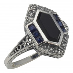Art Deco Style Black Onyx Sapphire / Diamond Filigree Ring Sterling Silver