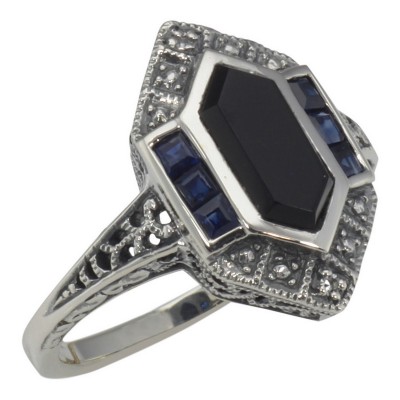 Art Deco Style Black Onyx Sapphire and Diamond Filigree Ring Sterling Silver - FR-744-O-S