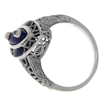 Victorian Style Lapis Lazuli Ring with Diamond Accents - Sterling Silver - FR-746-L