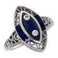 Victorian Style Lapis Lazuli Ring with Diamond Accents - Sterling Silver