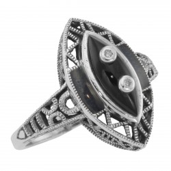 Victorian Style Black Onyx Ring with Diamond Accents - Sterling Silver