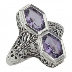 Art Deco Style Genuine Purple Amethyst Filigree Ring - Sterling Silver