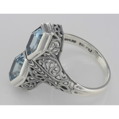 Unique Art Deco Style 2 Carat Blue Topaz Filigree Ring - Sterling Silver - FR-750-BT