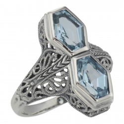Unique Art Deco Style 2 Carat Blue Topaz Filigree Ring - Sterling Silver