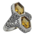 Art Deco Style Genuine 2 Carat Citrine Filigree Ring - Sterling Silver