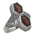 Unique Art Deco Style 2 Carat Red Garnet Filigree Ring - Sterling Silver