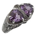 Unique Art Deco Style Genuine Amethyst Filigree Ring - Sterling Silver