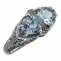 Art Deco 1.5 Carat TW Genuine Blue Topaz Filigree Ring Sterling Silver