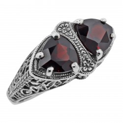 Unique Art Deco Style Trillion Cut Garnet Filigree Ring Sterling Silver