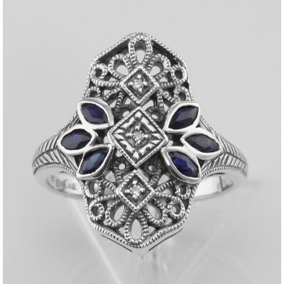 Filigree Ring w/ Sapphire 3 Diamonds - Sterling Silver - FR-752