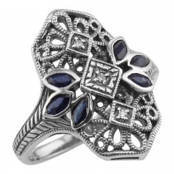 Filigree Ring w/ Sapphire 3 Diamonds - Sterling Silver