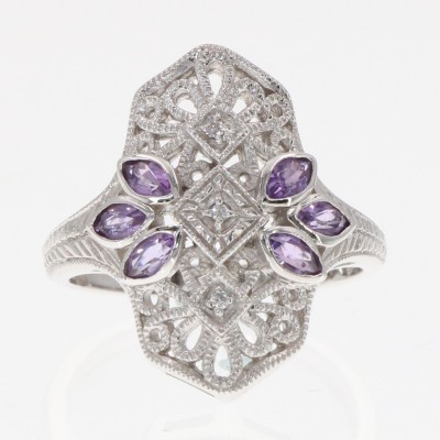 Art Deco Style Filigree Ring 3 Diamonds and 6 Amethysts 14kt White Gold - FR-752-AM-WG