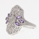 Art Deco Style Filigree Ring 3 Diamonds and 6 Amethysts 14kt White Gold - FR-752-AM-WG